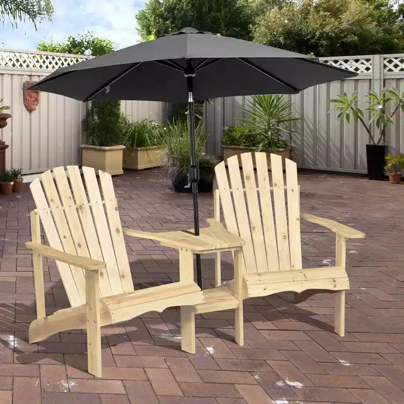 Outsunny Set of 3 Wooden Adirondack Chairs, Outdoor Double Seat with Center Table and Umbrella Hole for Patio, Backyard, Deck, Fire Pit