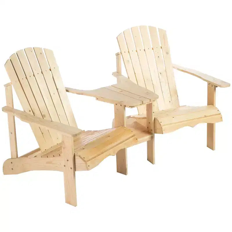 Outsunny Set of 3 Wooden Adirondack Chairs, Outdoor Double Seat with Center Table and Umbrella Hole for Patio, Backyard, Deck, Fire Pit