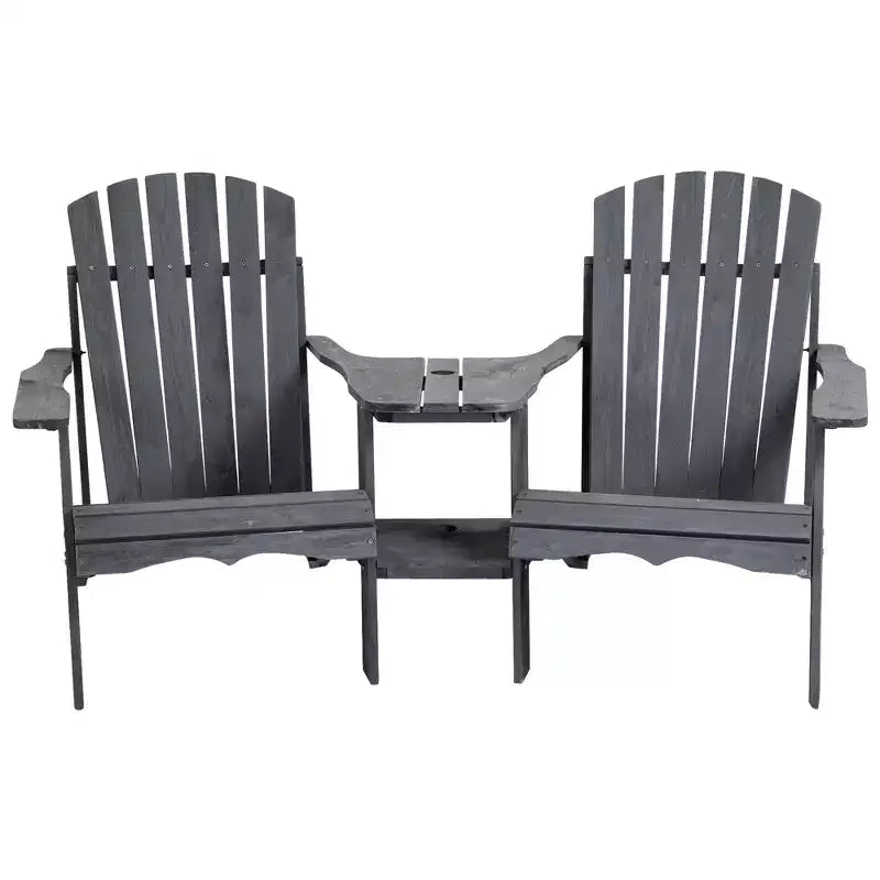 Outsunny Set of 3 Wooden Adirondack Chairs, Outdoor Double Seat with Center Table and Umbrella Hole for Patio, Backyard, Deck, Fire Pit