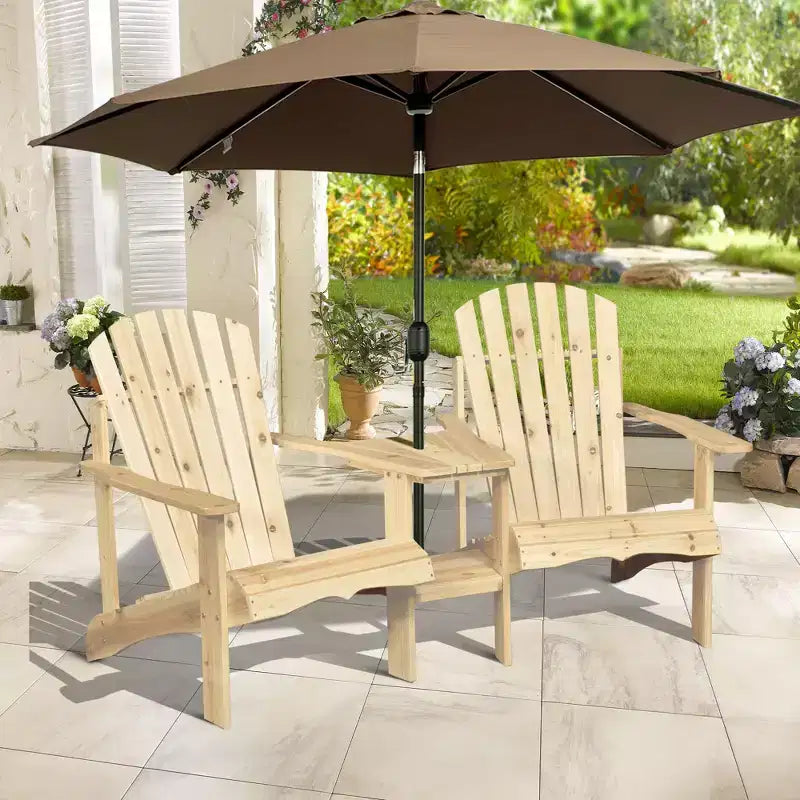 Outsunny Set of 3 Wooden Adirondack Chairs, Outdoor Double Seat with Center Table and Umbrella Hole for Patio, Backyard, Deck, Fire Pit