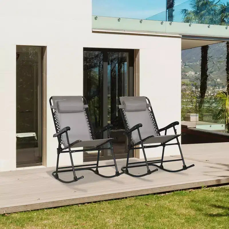Outsunny Set of 2 Rocking Chairs Patio Lawn Chair Beach Reclining Folding Chairs with Pillow, Outdoor Portable Recliner for Camping Fishing Beach