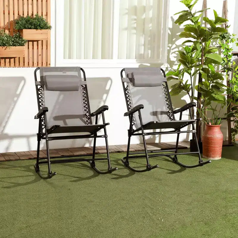 Outsunny Set of 2 Rocking Chairs Patio Lawn Chair Beach Reclining Folding Chairs with Pillow, Outdoor Portable Recliner for Camping Fishing Beach