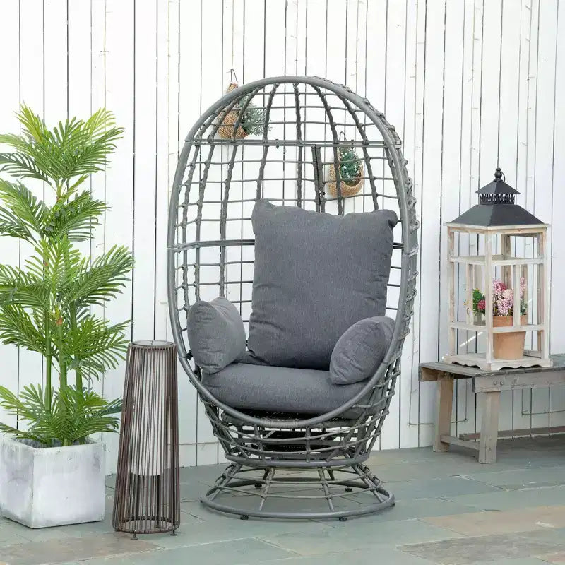 Outsunny Poltrona a uovo da esterno in vimini con cuscino, Poltrona a dondolo girevole a 360 gradi in rattan per giardino, prato, salotto interno