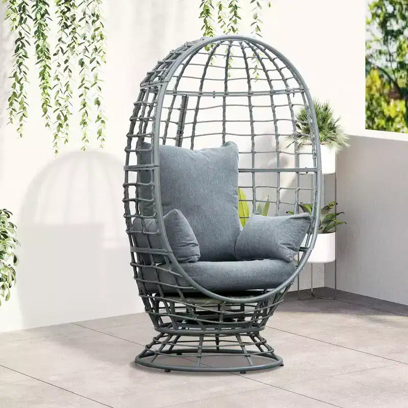 Outsunny Poltrona a uovo da esterno in vimini con cuscino, Poltrona a dondolo girevole a 360 gradi in rattan per giardino, prato, salotto interno