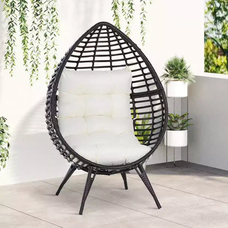 Outsunny Patio Wicker Lounge Chair with Soft Cushion, Outdoor/Indoor PE Rattan Egg Teardrop Cuddle Chair with Height Adjustable Knob for Garden