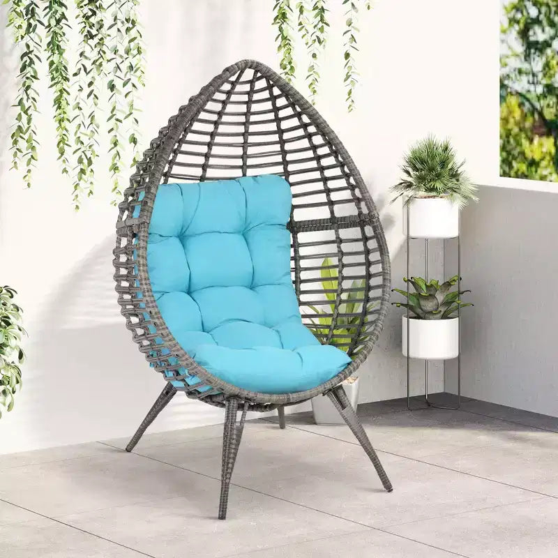 Outsunny Patio Wicker Lounge Chair with Soft Cushion, Outdoor/Indoor PE Rattan Egg Teardrop Cuddle Chair with Height Adjustable Knob for Garden