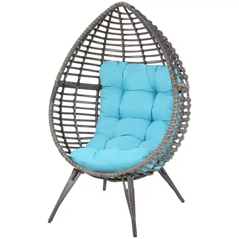 Outsunny Patio Wicker Lounge Chair with Soft Cushion, Outdoor/Indoor PE Rattan Egg Teardrop Cuddle Chair with Height Adjustable Knob for Garden