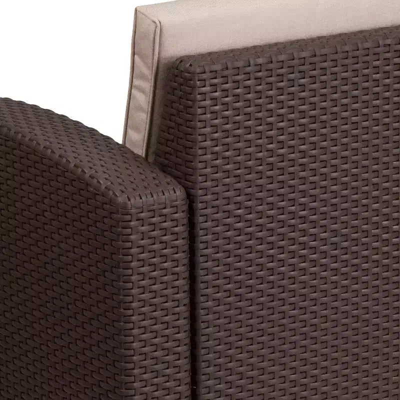 Merrick Lane Outdoor Furniture Resin Chair Chocolate Brown Faux Rattan Wicker Pattern Patio Chair With All-Weather Beige Cushion