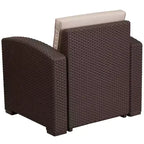 Merrick Lane Outdoor Furniture Resin Chair Chocolate Brown Faux Rattan Wicker Pattern Patio Chair With All-Weather Beige Cushion