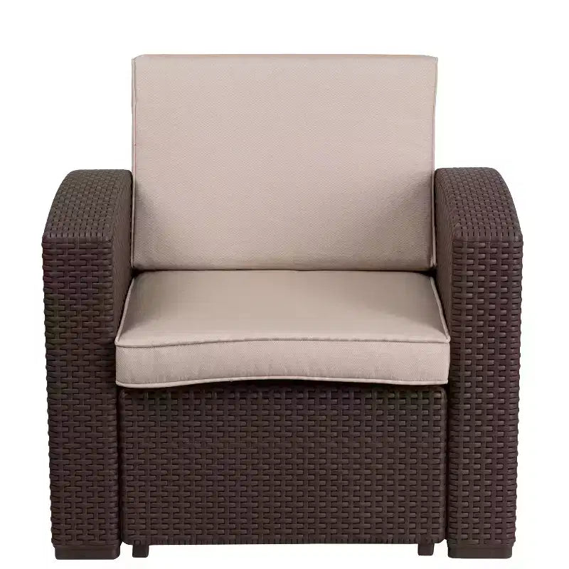Merrick Lane Outdoor Furniture Resin Chair Chocolate Brown Faux Rattan Wicker Pattern Patio Chair With All-Weather Beige Cushion