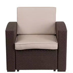 Merrick Lane Outdoor Furniture Resin Chair Chocolate Brown Faux Rattan Wicker Pattern Patio Chair With All-Weather Beige Cushion