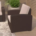 Merrick Lane Outdoor Furniture Resin Chair Chocolate Brown Faux Rattan Wicker Pattern Patio Chair With All-Weather Beige Cushion