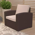 Merrick Lane Outdoor Furniture Resin Chair Chocolate Brown Faux Rattan Wicker Pattern Patio Chair With All-Weather Beige Cushion