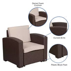 Merrick Lane Outdoor Furniture Resin Chair Chocolate Brown Faux Rattan Wicker Pattern Patio Chair With All-Weather Beige Cushion