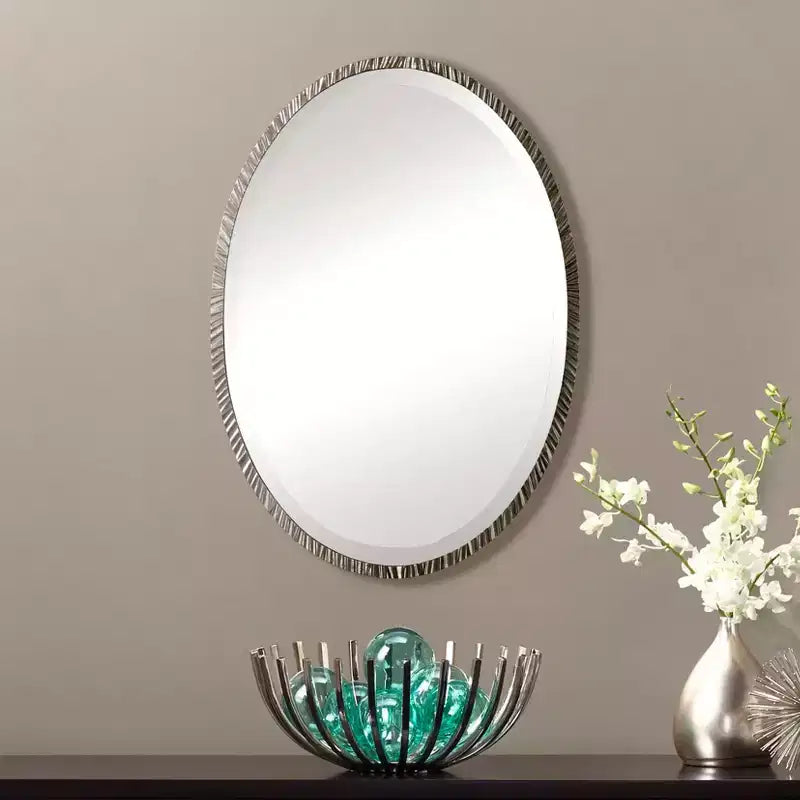 Specchio ovale da parete Uttermost Moderno in nichel lucido, cornice in metallo, 50,8 cm di larghezza, per bagno, camera da letto, soggiorno, ufficio