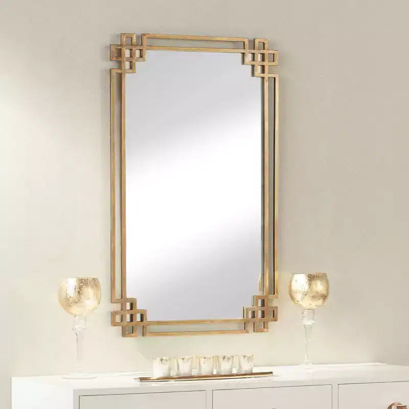 Specchio da Parete Rettangolare Accent Uttermost Industriale con Cornice Aperta in Metallo Placcato Oro, Largo 58 cm, per Bagno, Camera da Letto, Soggiorno