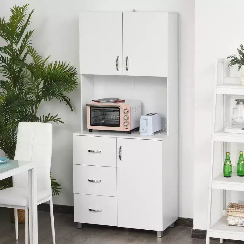 HOMCOM Credenza da Cucina Autoportante, Mobile Dispensa con Vetrina, 2 Armadietti, 3 Cassetti e Ripiano Aperto, Mensola Regolabile, Bianco