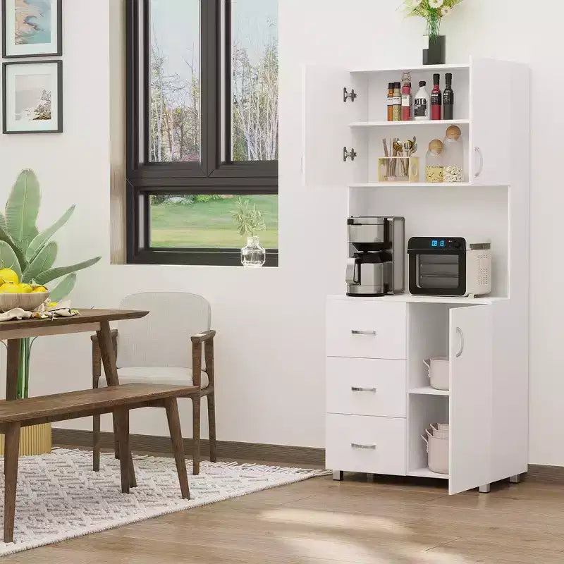 HOMCOM Credenza da Cucina Autoportante, Mobile Dispensa con Vetrina, 2 Armadietti, 3 Cassetti e Ripiano Aperto, Mensola Regolabile, Bianco