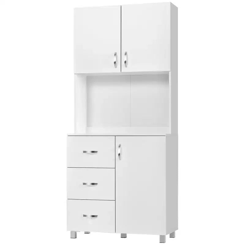 HOMCOM Credenza da Cucina Autoportante, Mobile Dispensa con Vetrina, 2 Armadietti, 3 Cassetti e Ripiano Aperto, Mensola Regolabile, Bianco