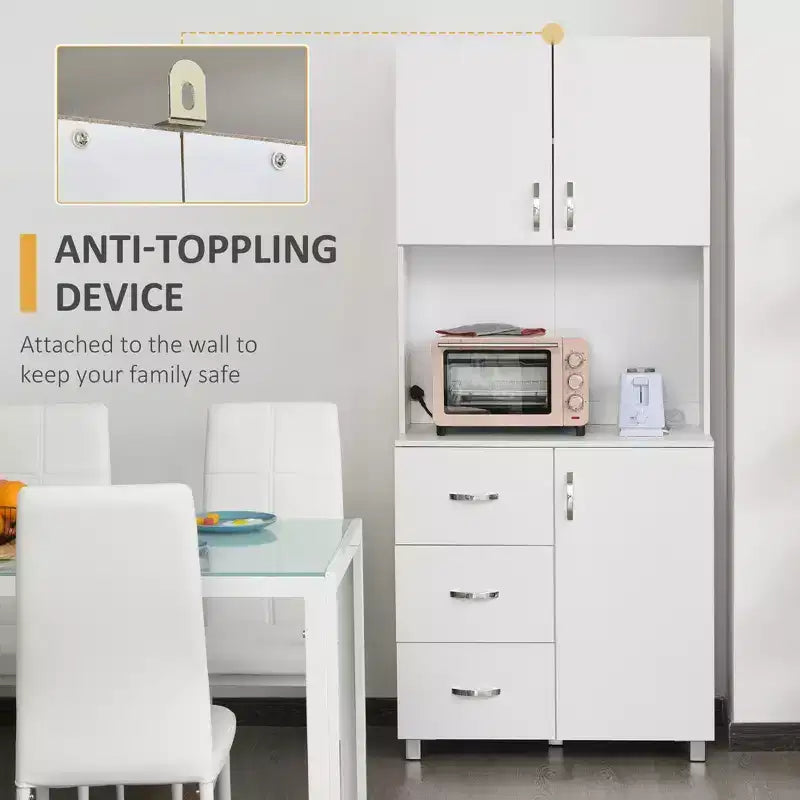 HOMCOM Credenza da Cucina Autoportante, Mobile Dispensa con Vetrina, 2 Armadietti, 3 Cassetti e Ripiano Aperto, Mensola Regolabile, Bianco
