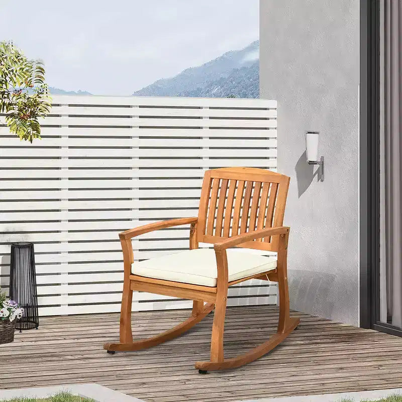 Dondolo da Esterno Outsunny con Cuscino, Sedia a Dondolo da Giardino in Legno di Acacia per Balcone, Patio, Casa, Tonalità Teak