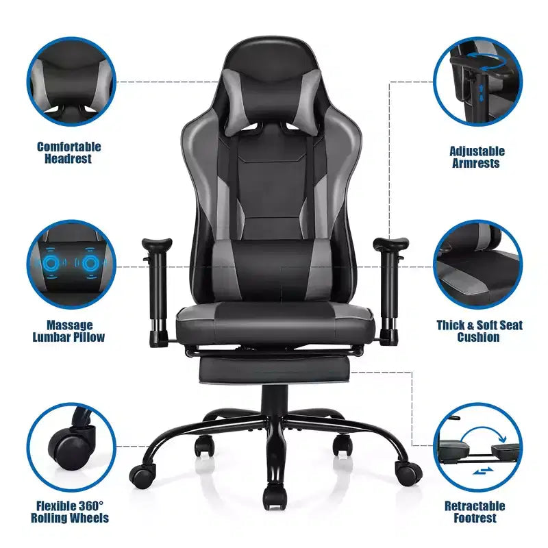 Sedia da gaming Costway, sedia da ufficio Racing con schienale alto e poggiapiedi, nera