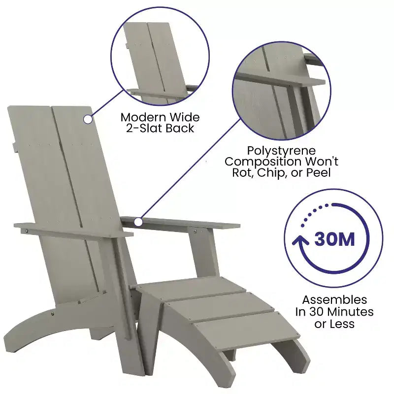 Merrick Lane Adirondack Modern Slatted Back Patio Chair With Accompanying Foot Ottoman