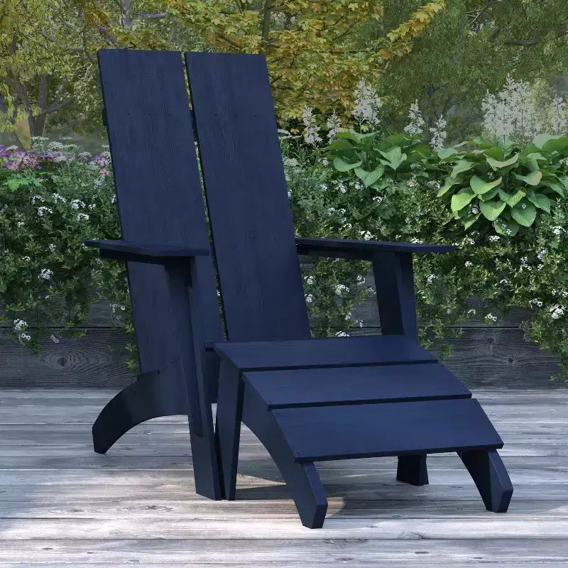 Merrick Lane Adirondack Modern Slatted Back Patio Chair With Accompanying Foot Ottoman