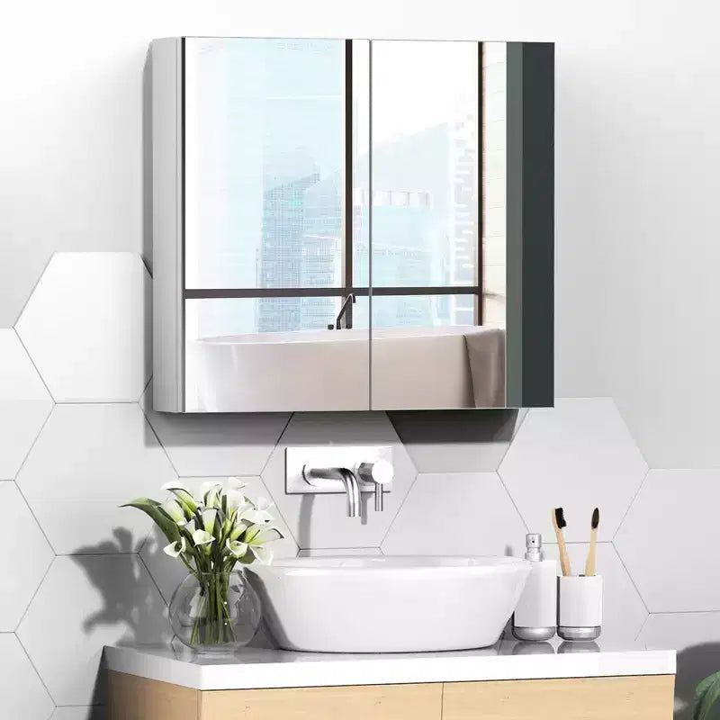kleankin Mobiletto a Specchio da Bagno, Armadietto dei Medicinali con Cornice in Acciaio 60x55 cm, Organizer da Parete con Doppie Ante