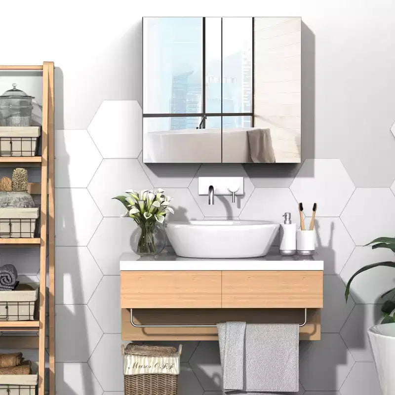kleankin Mobiletto a Specchio da Bagno, Armadietto dei Medicinali con Cornice in Acciaio 60x55 cm, Organizer da Parete con Doppie Ante