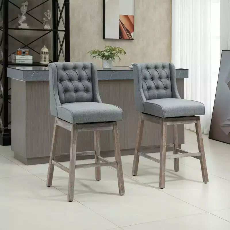 HOMCOM Set di 2 Sgabelli da Bar, Girevoli a 180°, Altezza 76cm con Poggiapiedi in Legno e Bottoni Decorativi
