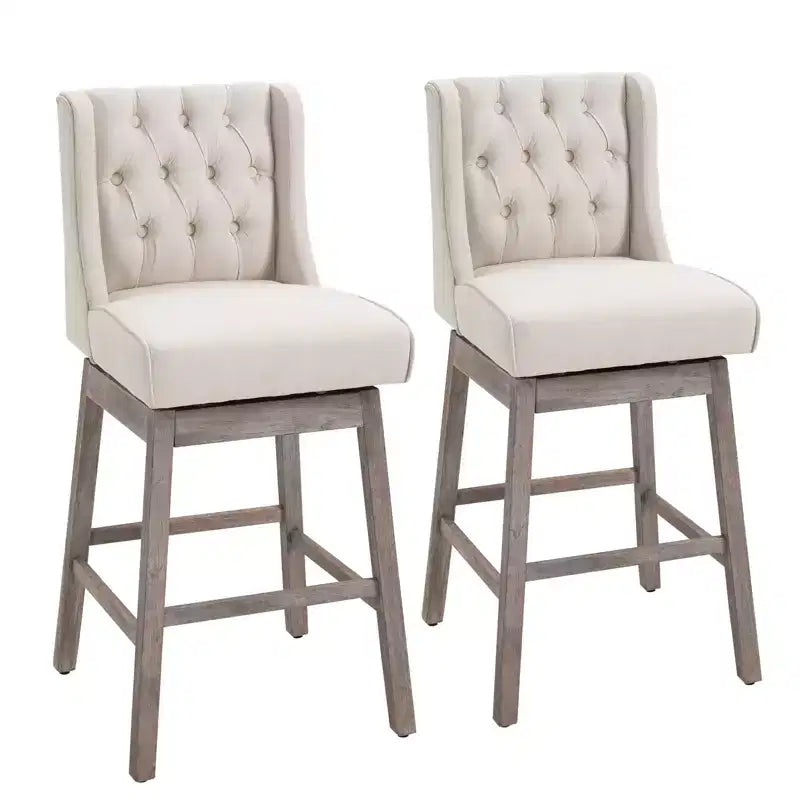 HOMCOM Set di 2 Sgabelli da Bar, Girevoli a 180°, Altezza 76cm con Poggiapiedi in Legno e Bottoni Decorativi