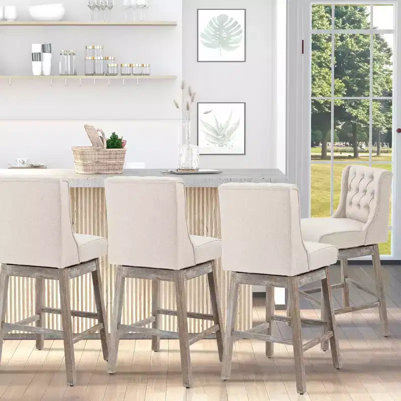 HOMCOM Set di 2 Sgabelli da Bar, Girevoli a 180°, Altezza 76cm con Poggiapiedi in Legno e Bottoni Decorativi