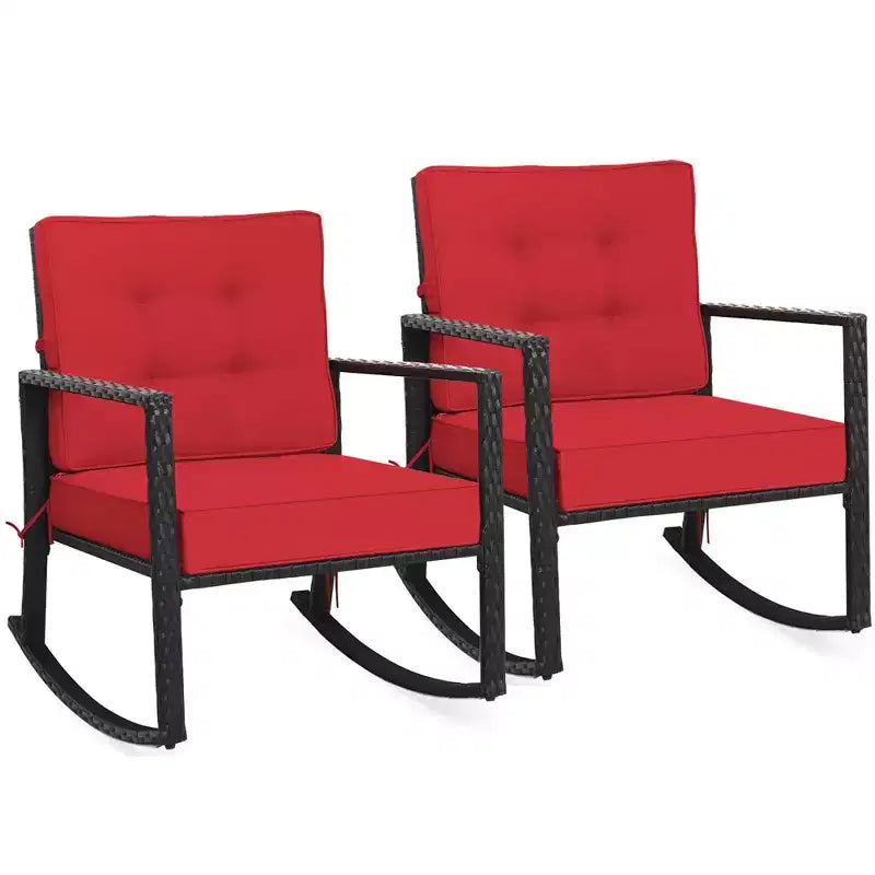 Costway Set 2 Sedie a Dondolo da Esterno in Rattan con Cuscini Turchese/Rosso