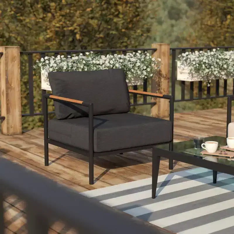 Flash Furniture Indoor/Outdoor Patio Chair with Cushions - Modern Aluminum Framed Chair with Teak Accented Arms
