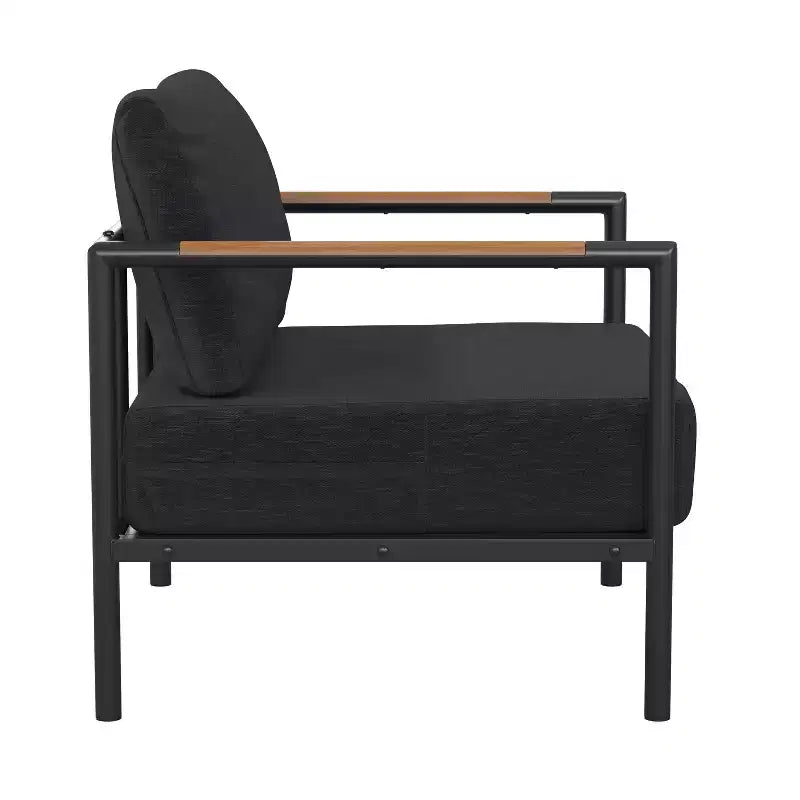 Flash Furniture Indoor/Outdoor Patio Chair with Cushions - Modern Aluminum Framed Chair with Teak Accented Arms