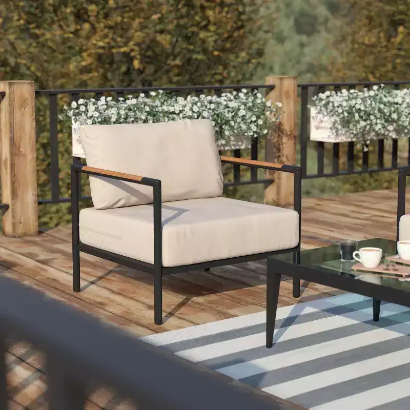 Flash Furniture Indoor/Outdoor Patio Chair with Cushions - Modern Aluminum Framed Chair with Teak Accented Arms