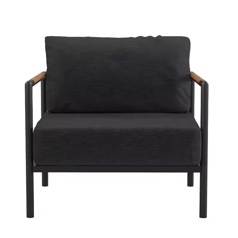 Flash Furniture Indoor/Outdoor Patio Chair with Cushions - Modern Aluminum Framed Chair with Teak Accented Arms