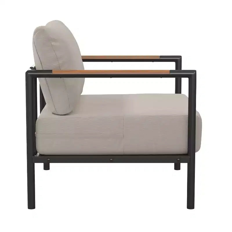 Flash Furniture Indoor/Outdoor Patio Chair with Cushions - Modern Aluminum Framed Chair with Teak Accented Arms