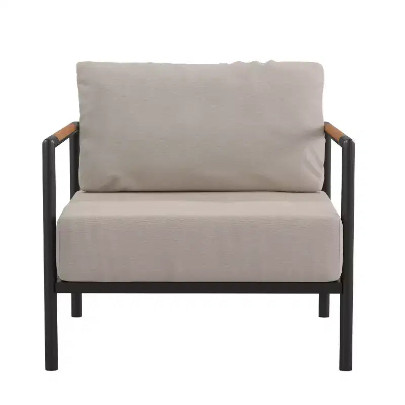 Flash Furniture Indoor/Outdoor Patio Chair with Cushions - Modern Aluminum Framed Chair with Teak Accented Arms