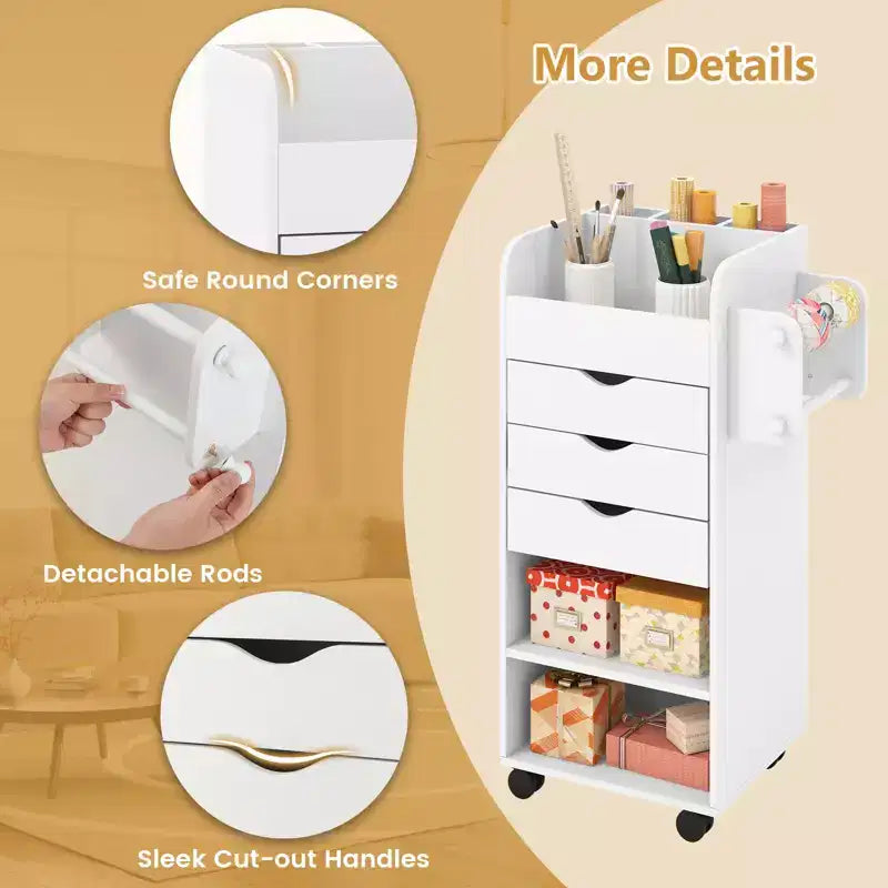 Costway Craft Storage Cart Mobile Drawer Utility Cart w/Drawers Shelves White