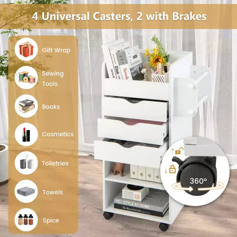 Costway Craft Storage Cart Mobile Drawer Utility Cart w/Drawers Shelves White