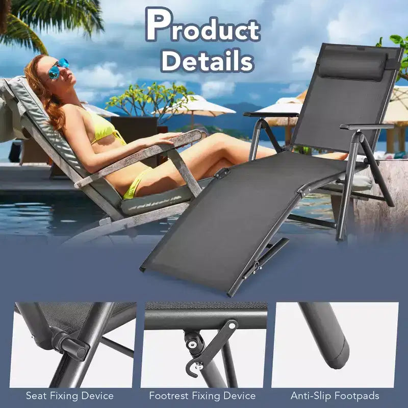 Costway Patio Chaise Lounge Chair Recliner Aluminum Adjustable Headrest Pillow