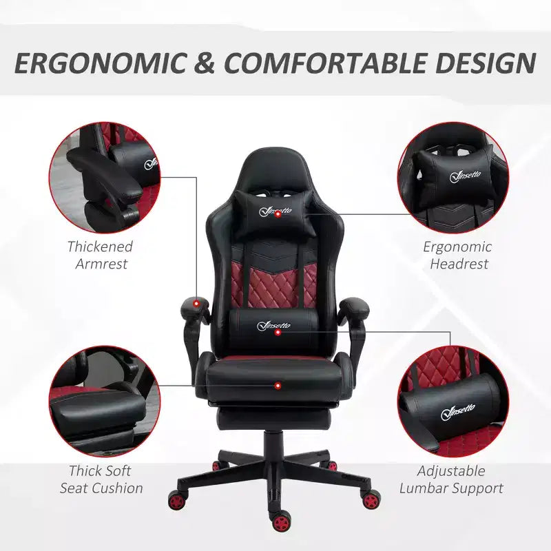 Sedia Gaming Vinsetto Racing Sedia da Ufficio Gamer in Pelle PU a Diamante Schienale Alto Girevole Reclinabile con Poggiapiedi, Supporto Lombare, Altezza Regolabile