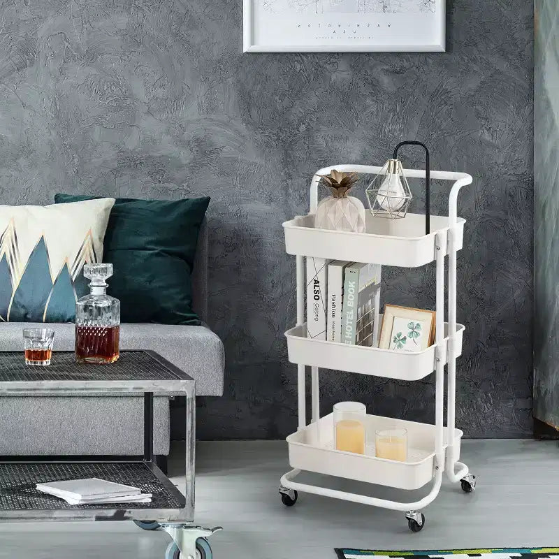Costway 3 Tier Rolling Cart W/Wheels Practical Handle&ABS Storage Basket Organizer White