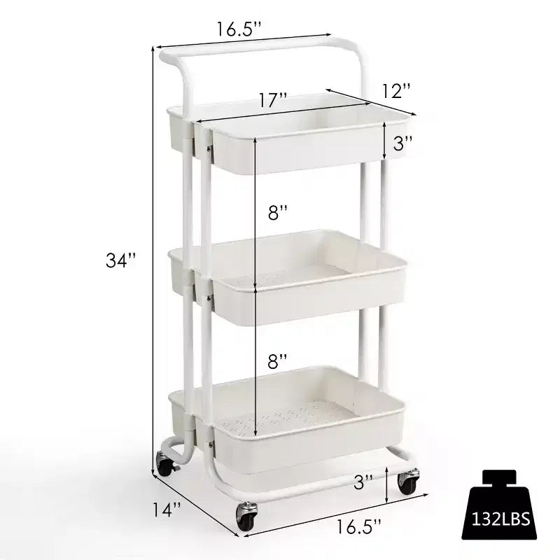 Costway 3 Tier Rolling Cart W/Wheels Practical Handle&ABS Storage Basket Organizer White