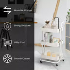 Costway 3 Tier Rolling Cart W/Wheels Practical Handle&ABS Storage Basket Organizer White
