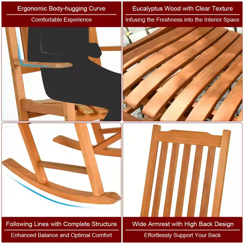 Costway 2 PCS Outdoor Eucalyptus Rocking Chair Single Rocker for Patio Deck Natural