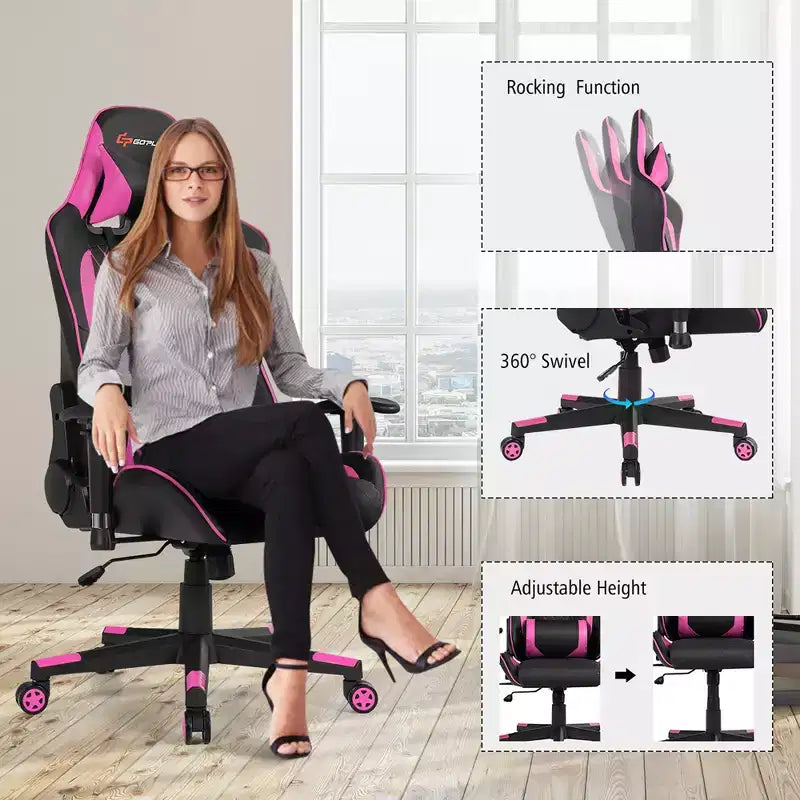 Sedia da Gaming con Massaggio Costway, Sedia da Corsa Reclinabile con Supporto Lombare e Poggiatesta Bianco/Blu/Rosa/Rosso