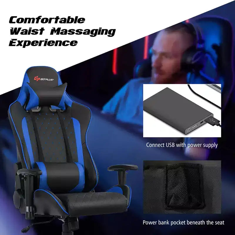 Sedia da Gaming con Massaggio Costway, Sedia da Corsa Reclinabile con Supporto Lombare e Poggiatesta Bianco/Blu/Rosa/Rosso